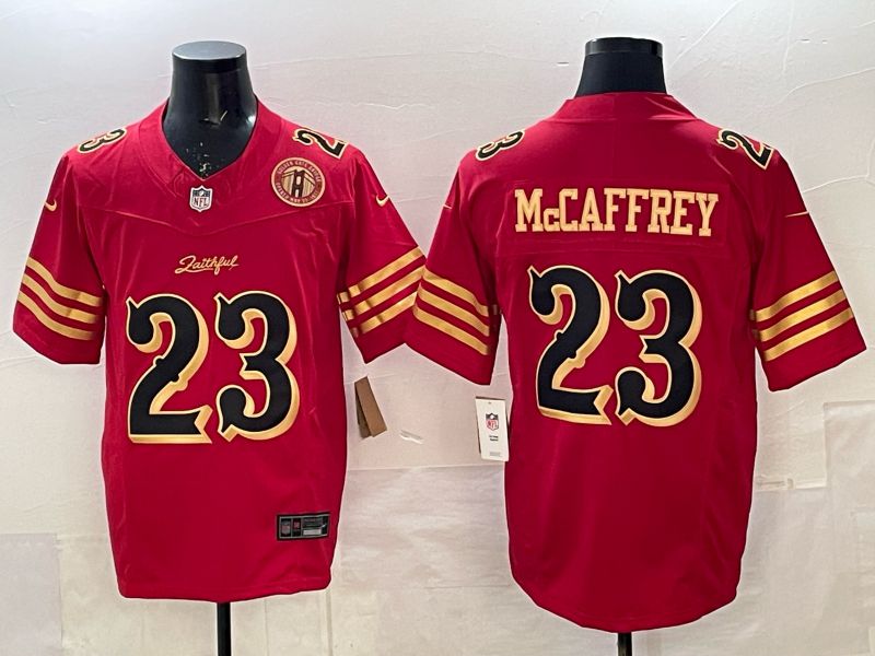 Men 2025 Nike San Francisco 49ers #23 Mccaffrey red gold 5th generation Limited NFL Jersey 008